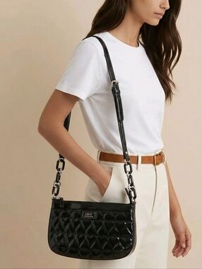 Lulu Guinness Black Patent Heart Quilted Crossbody/Shoulder Bag w/Chain Detail